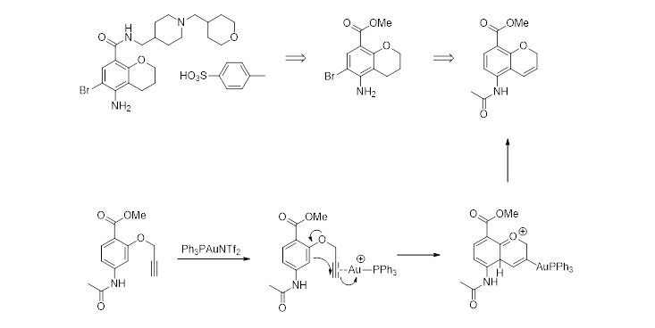 A facile gold(I)-catalysed intramolecular alkyne hydroarylation approach to methyl 5-amino-2H-1-benzopyran-8-carboxylate derivatives.
